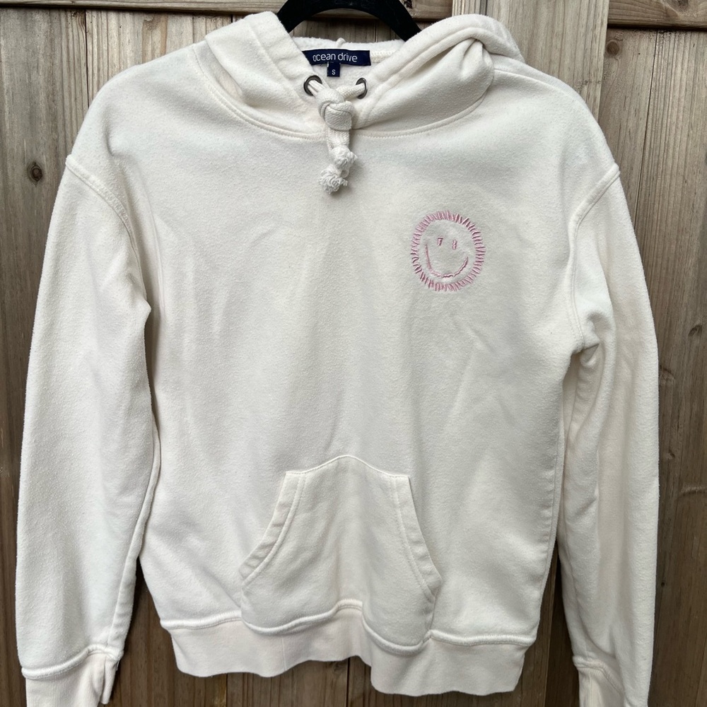 Ocean Drive Off-White Hoodie with Pink Embroidery LOVE Size S